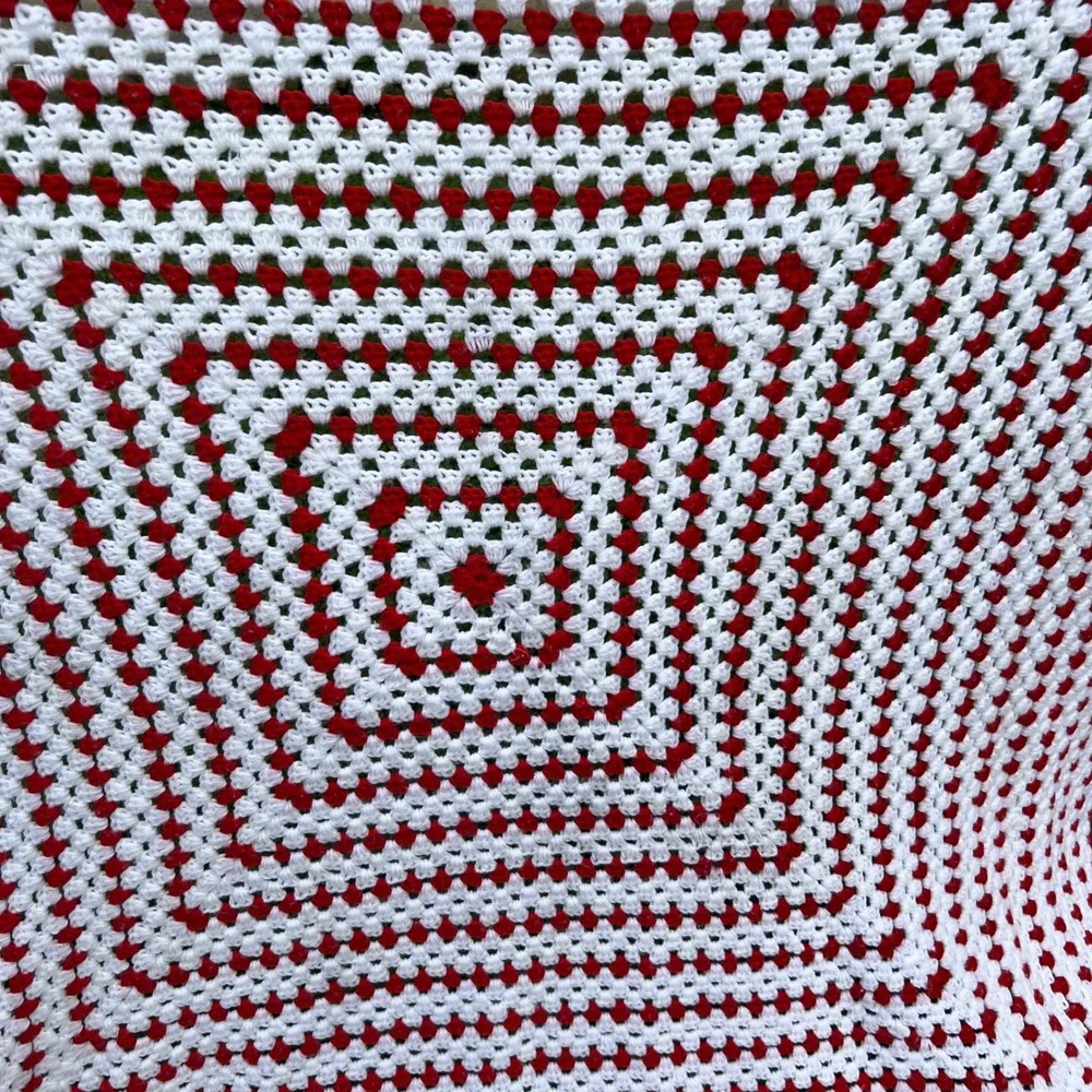 Vintage Handmade Granny Square Crochet Red White Throw Blanket | 76